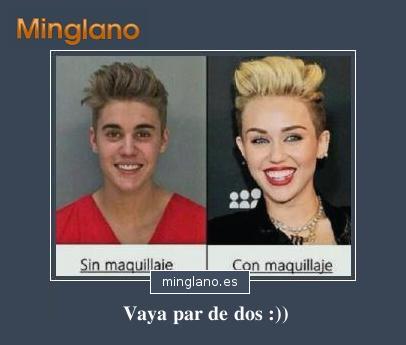 Sin maquillaje: Justin Bieber   -   Con maquillaje: Miley Cyrus
